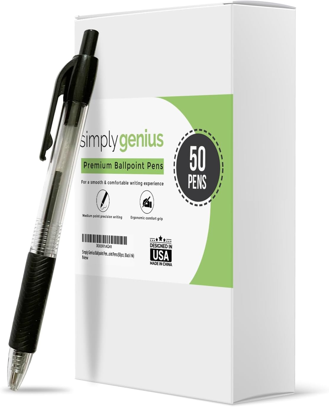 Simply Genius Bolígrafos a granel, paquete de 50 bolígrafos retráctiles de oficina, ideales para escuelas, cuadernos, diarios y más, agarre cómodo y