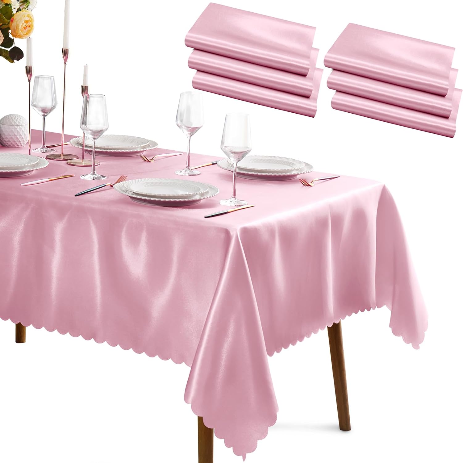 Paquete de 6 manteles de satén rosa de 58 x 102 pulgadas, rectangular, brillante, sedoso y suave, para decoración de banquete de boda, fiesta