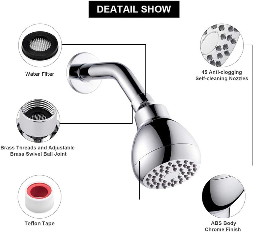Cabezal de ducha fijo de alta presión de 3 pulgadas, cabezal de ducha de cobre de agua con bola giratoria ajustable y filtro, acabado cromado,