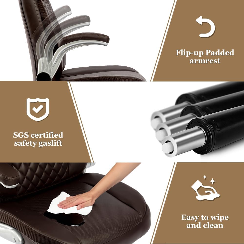 Silla de escritorio ergonómica ejecutiva con reposabrazos abatibles y altura ajustable, 300 libras grande y alta, silla de oficina de cuero
