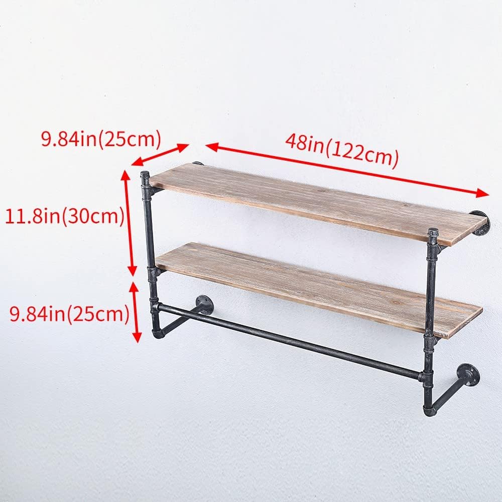 Estante industrial para ropa de tubería montado en la pared con estante de madera real, estante flotante de pared, estante de exhibición rústico al
