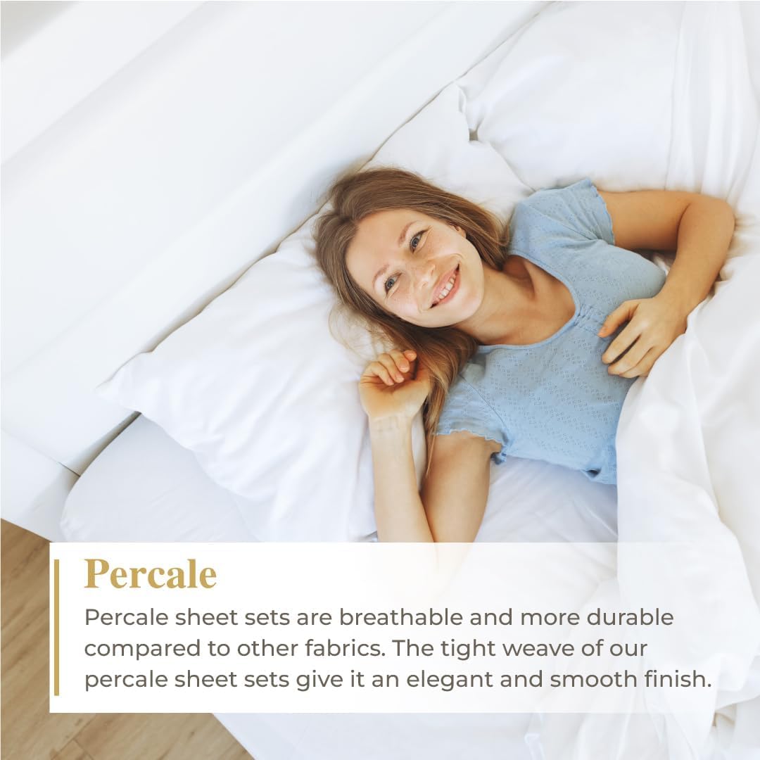 Linens – Juego de sábanas de percal de 3 piezas, tamaño individual XL, blanco, sábanas 100% algodón con bolsillo profundo elástico, juego de ropa de
