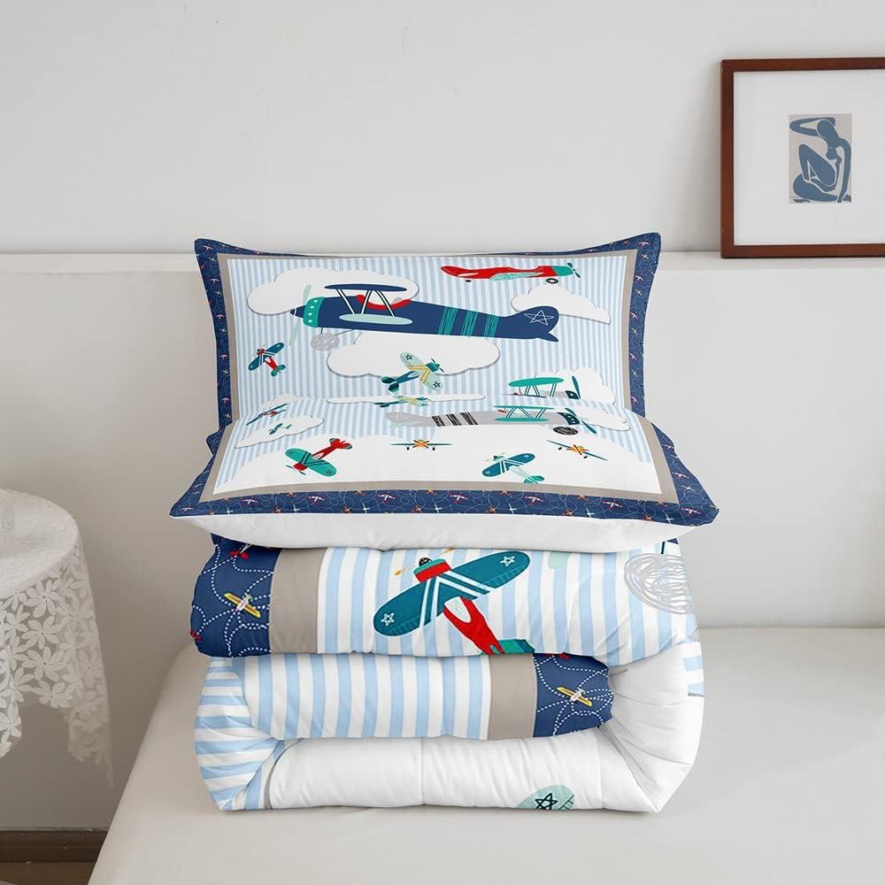 Juego de edredón de avión para niños, cielo azul y nubes blancas, juego de ropa de cama para niños, niñas, mujeres y adultos, edredón de aviones de