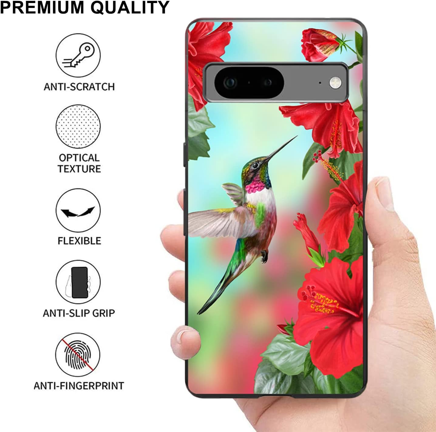 Funda compatible con Google Pixel 7, funda de teléfono con patrón de flores de hibisco y colibrí para niños y niñas, TPU suave, a prueba de golpes,