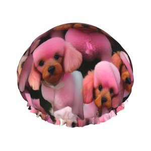 Gorro de ducha reutilizable con estampado de caniches rosados para mujer, doble capa impermeable, gorro de baño de secado rápido Gorro de ducha reutilizable con estampado de caniches rosados para mujer, doble capa impermeable, gorro de baño de secado rápido
