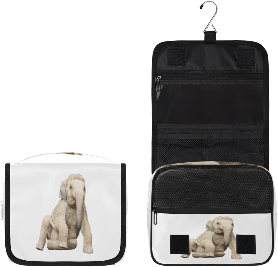 QsirBC Bolsa de aseo de elefante lindo de animales para mujer, organizador de maquillaje de viaje con gancho para colgar, bolsas de cosméticos de
