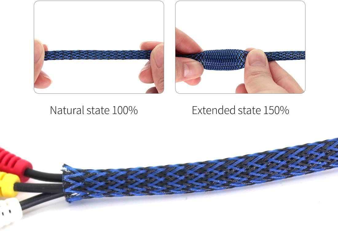 Protector de cable expandible de PET negro y azul para cable de carga USB, cable de alimentación, cable de audio y video, puede proteger al perro
