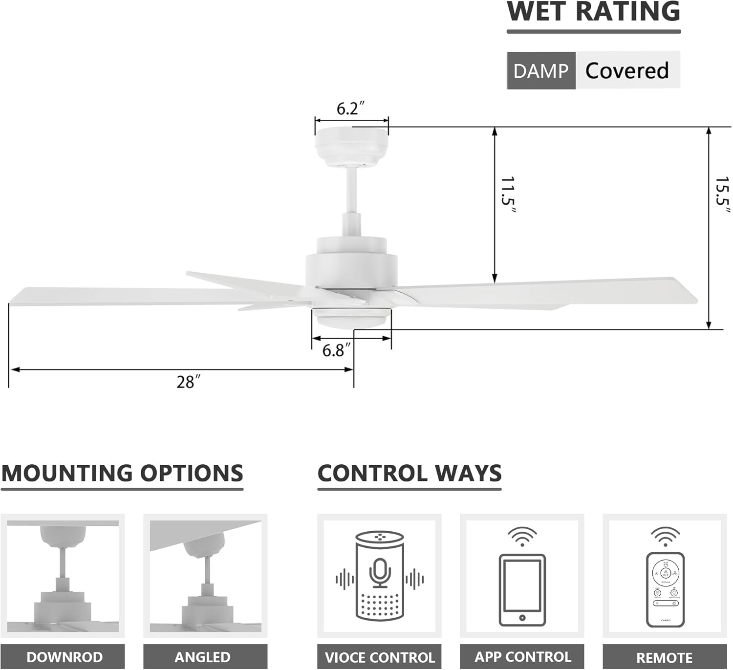 SMAAIR Ventilador de techo inteligente con luz, ventilador de techo para interiores y exteriores de 56 pulgadas con control remoto, compatible con