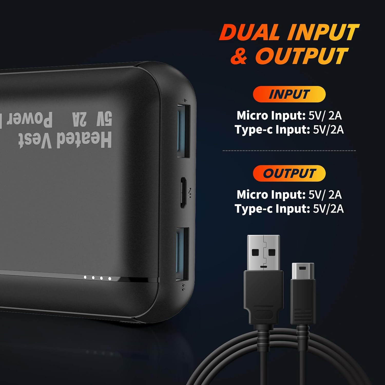 bellaciao Chaleco térmico de 5 V, 2 A, batería externa de 10000 mAh con puertos USB duales, tamaño Pokect, cargador portátil recargable para chaleco