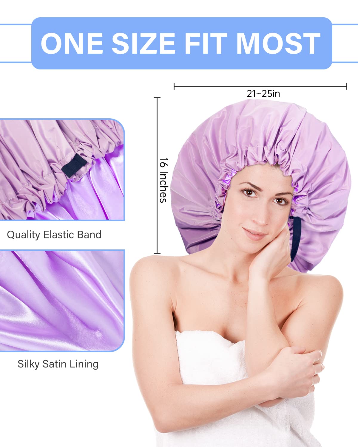 Aquior Gorro de ducha extra ajustable para mujer, de doble capa, impermeable, reutilizable, tamaño grande, para todo tipo de cabello, para niñas,