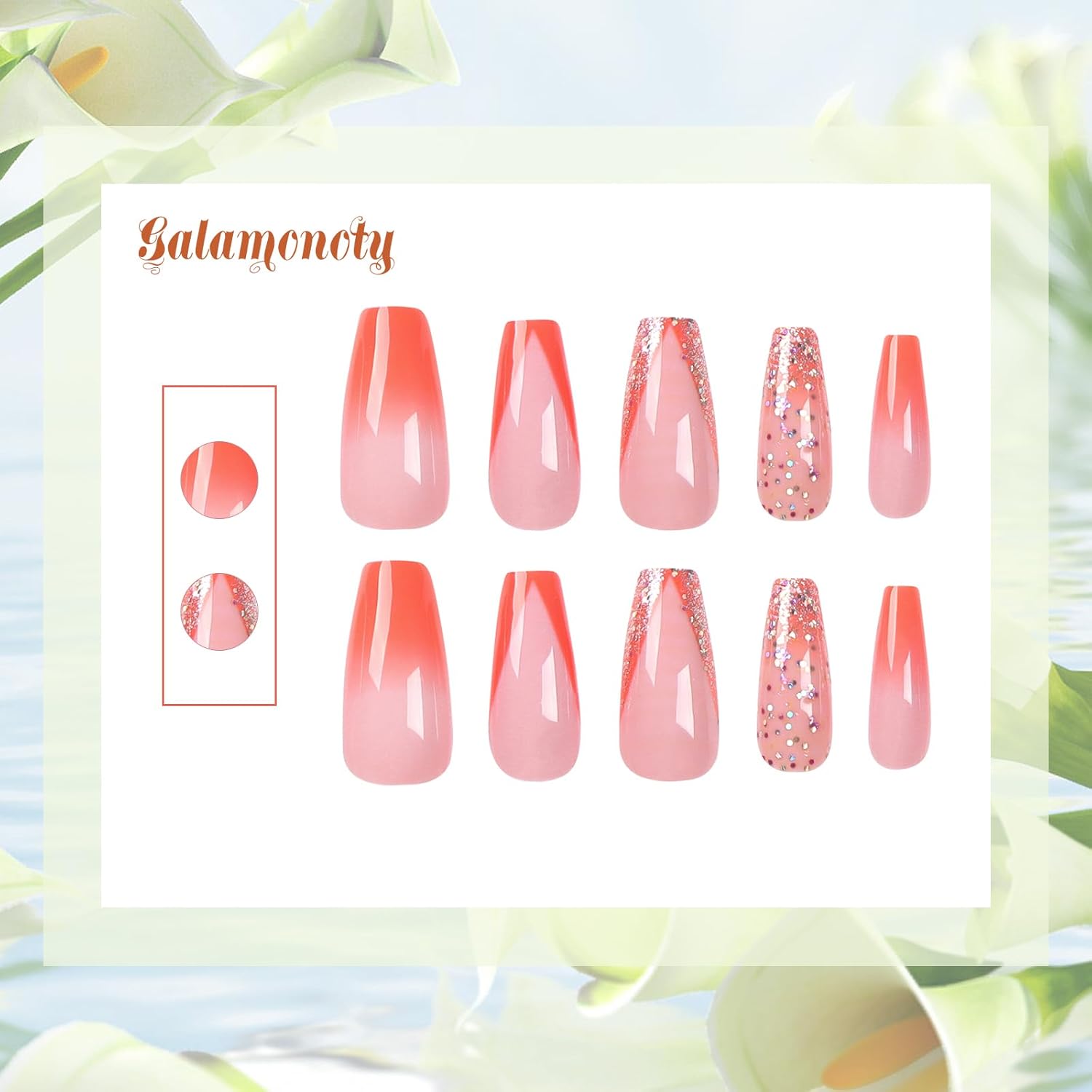 Uñas postizas de punta francesa a presión de ataúd medianas, color rosa nude, degradado, brillantina, diseños de acrílico, pegamento en las uñas