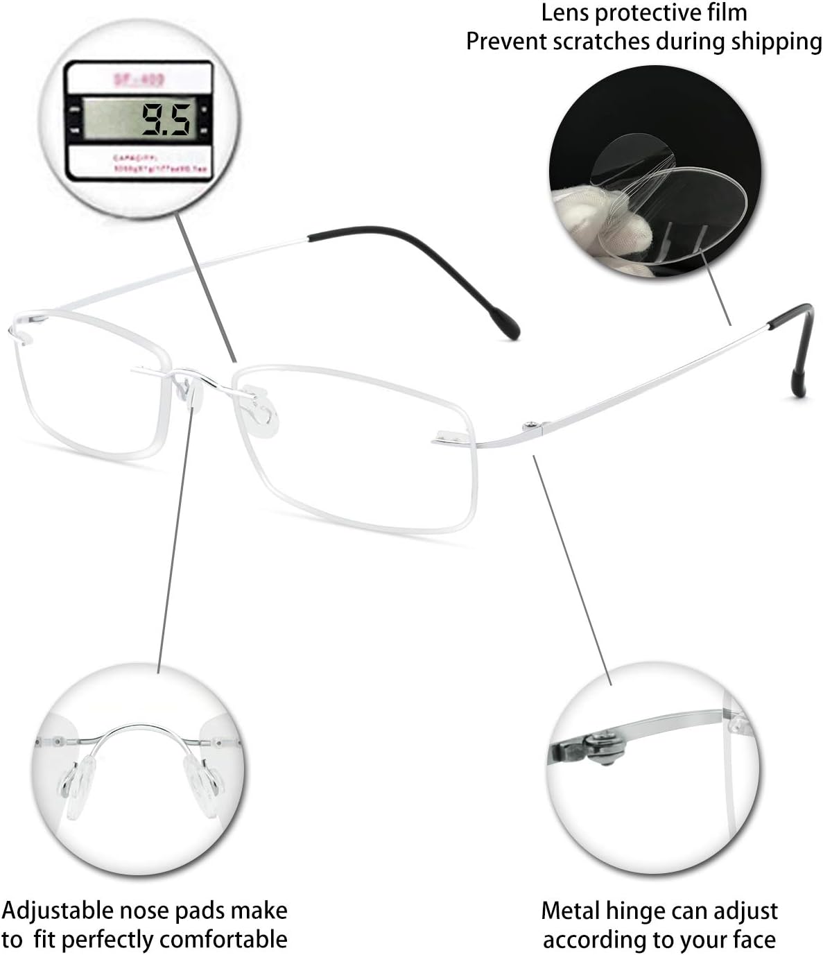 OCCI CHIARI Gafas de lectura 2.5 para mujeres y hombres, lector de moda con bisagra de resorte de metal sin marco de titanio 1.0 1.5 2.0 2.5 3.0 3.5