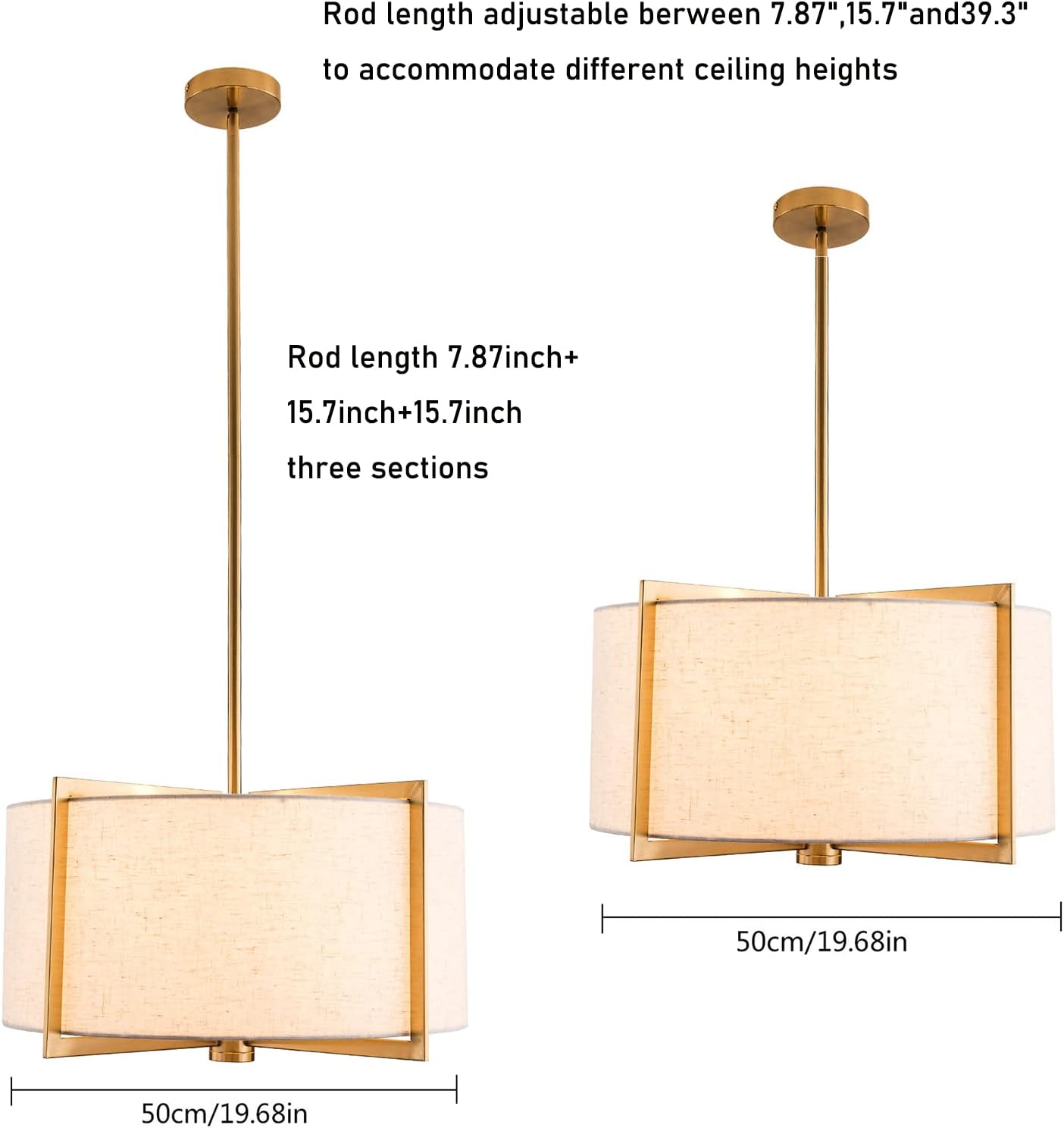 Lámpara colgante moderna de 20 pulgadas con 3 luces de tambor, lámpara colgante dorada con pantalla de tela gris plateado, altura ajustable, lámpara