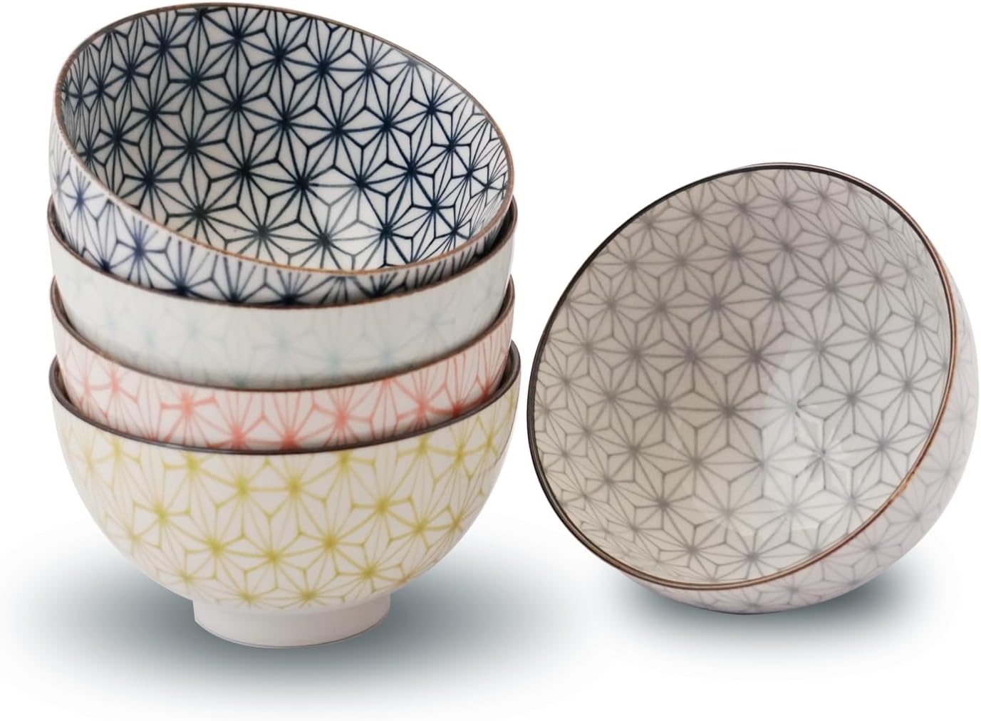 Vibrante colección de 5 cuencos de arroz en tamaño clásico japonés, tonos modernos, aptos para microondas y lavavajillas, presentados en elegante