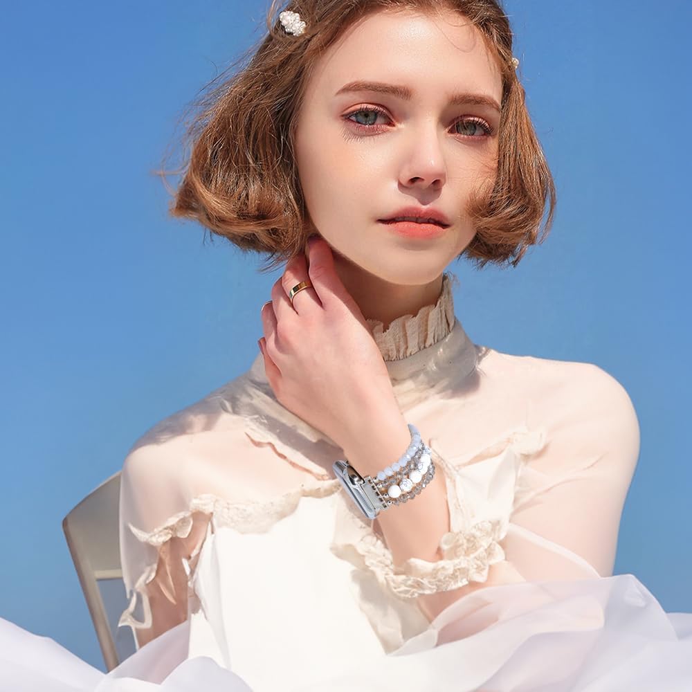 LuReen Pulsera de cuentas de piedra compatible con Apple Watch Band Series UltraSE987654321, correa elástica para iWatch Band 1.496 in1.575 in1.614