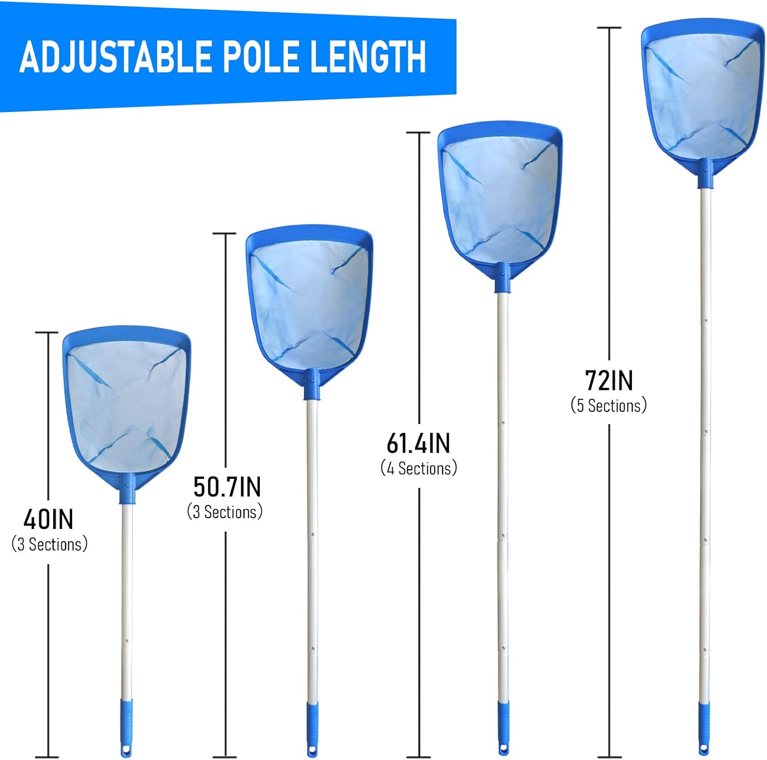 Red de desnatador de hojas para piscina, con 5 secciones telescópica de aluminio y malla fina de nailon, herramienta de limpieza de piscina para