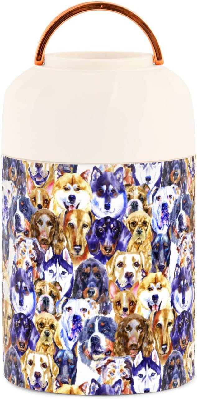 Acuarela Diferentes Perros Chihuahua Husky Corgi Shiba Tarro de comida con cuchara de acero inoxidable aislado al vacío Contenedor de alimentos de