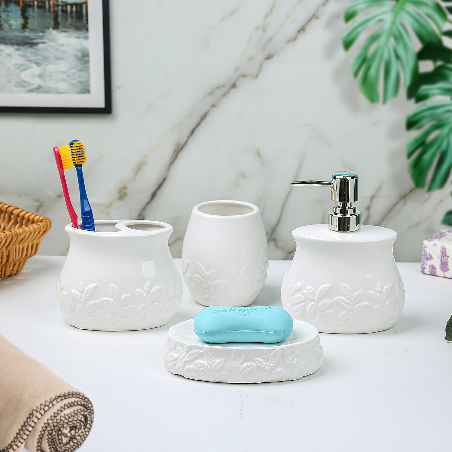 Juego de accesorios de baño de hojas en relieve de cerámica, conjunto de baño de 4 piezas con soporte para cepillos de dientes, taza para cepillos