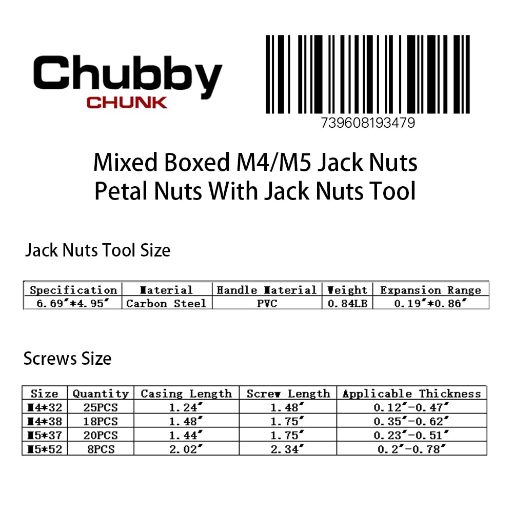 ChubbyChunk M4 M5 – Tuercas de expansión de pétalos con tuercas de gato herramienta para pared hueca, hierro fino y suave, 71 unidades