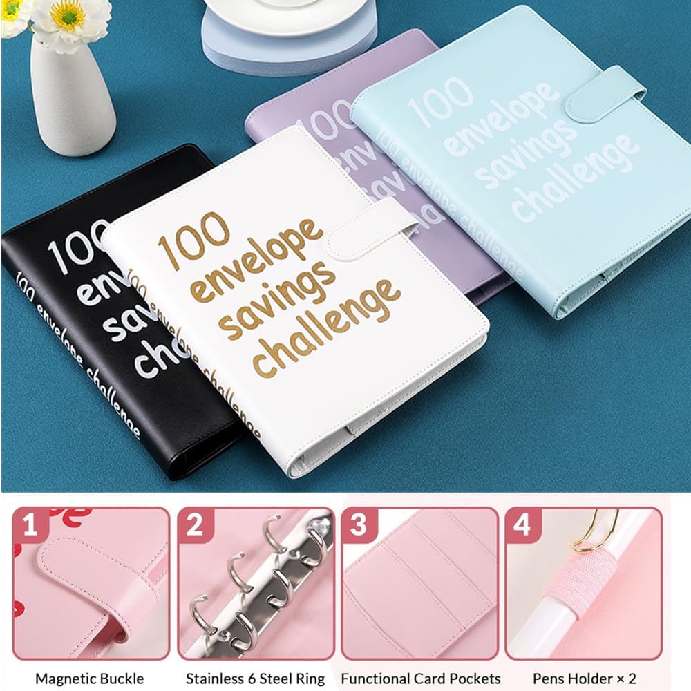 Carpeta de desafío de 100 sobres, hojas de desafíos de ahorro, carpeta de presupuesto con sobres de efectivo, manera fácil y divertida de ahorrar