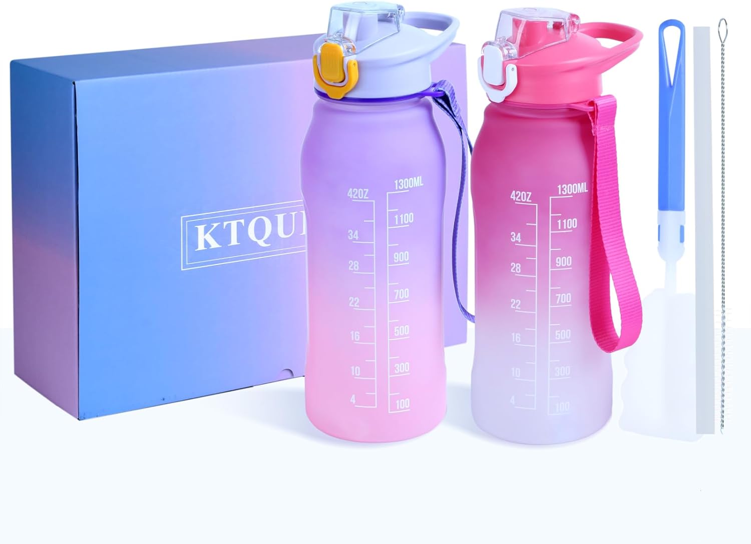 2 botellas de agua deportivas de 40 onzas, botellas de agua motivacionales con marcador de tiempo y popote, sin BPA, a prueba de fugas, botella de