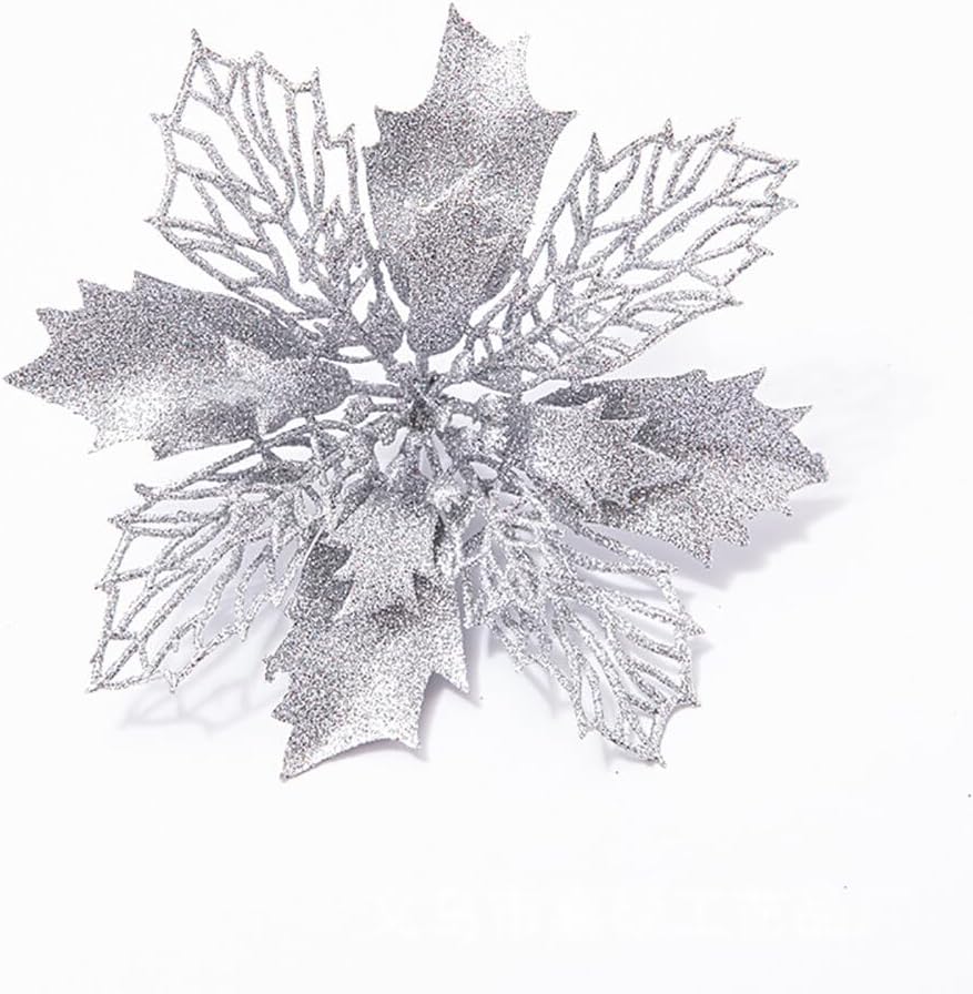 10 flores artificiales de Navidad de flor de pascua, lentejuelas con purpurina, adornos para árbol de Navidad, decoraciones de flor de pascua para