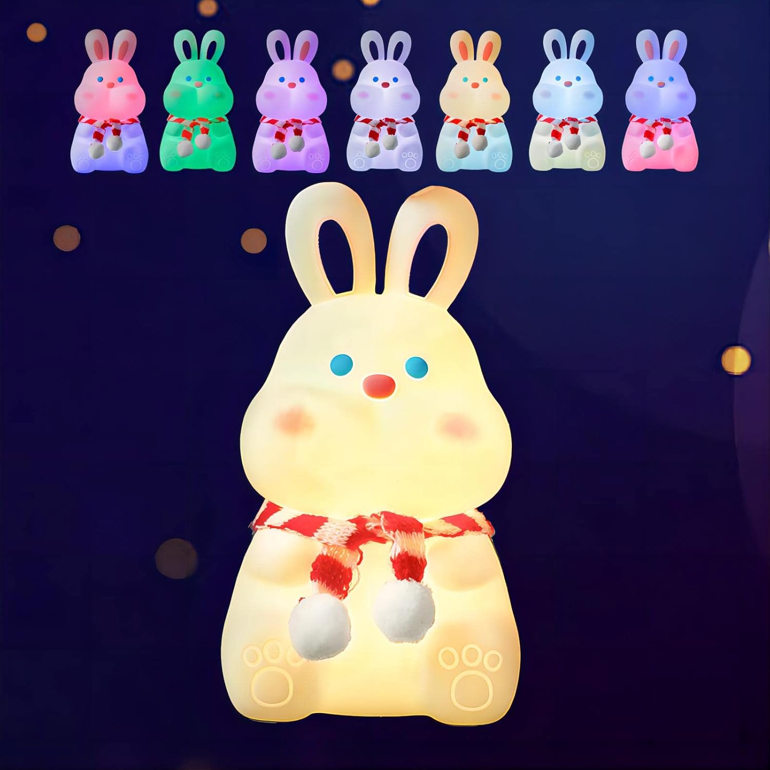Dudu Bunny – Luz nocturna de silicona suave, portátil, de seguridad, recargable por USB, lámpara de 7 colores para niños y adultos, regalos de