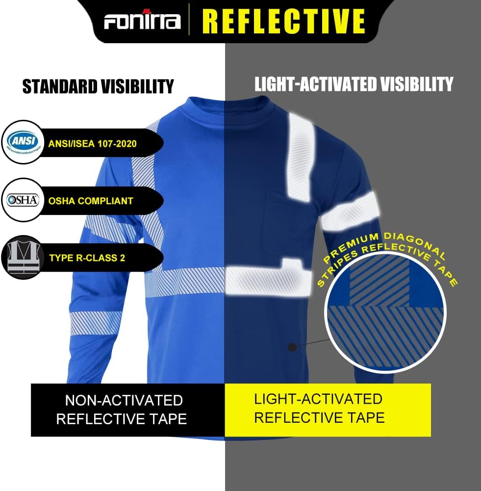 FONIRRA Camisetas reflectantes de seguridad de alta visibilidad para hombres con manga larga ANSI Clase 2