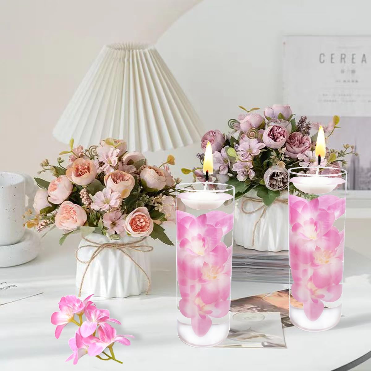 10 velas flotantes de flores artificiales de orquídea, centro de mesa, centros de mesa de boda, relleno de jarrón, relleno para bodas, fiestas de