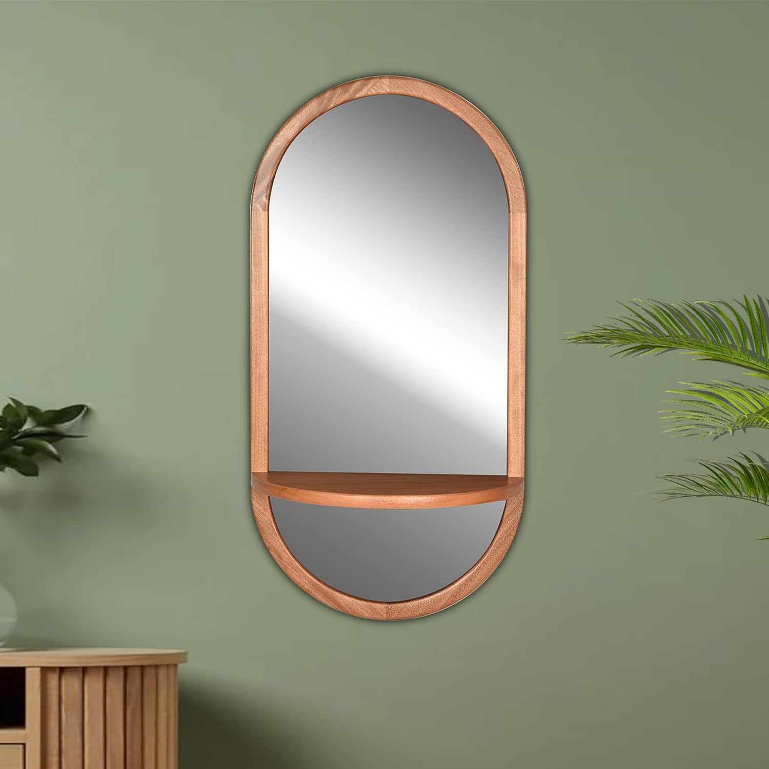 Espejo de pared ovalado con marco de madera con estante extraíble, espejo de tocador de baño de 18 x 36 pulgadas para entrada, vidrio templado,