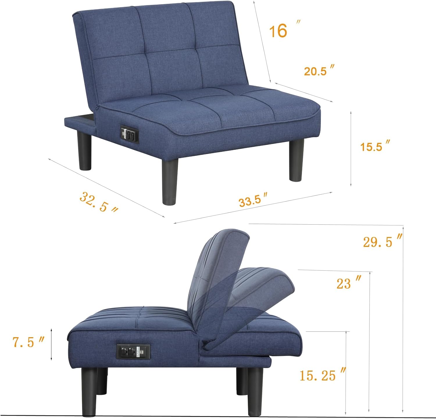 Comfy Mini sofás, futón reclinable pequeño con respaldo ajustable (puertos USB), mini sofá individual para espacio pequeño, sillas reclinables para