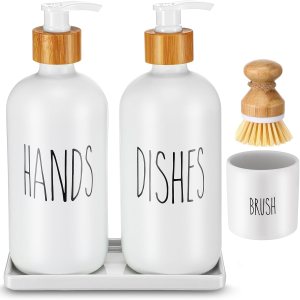 Sunnyray Juego de 5 dispensadores de jabón de cocina, dispensador de jabón de vidrio para platos y dispensador de jabón de manos con bandeja, Sunnyray Juego de 5 dispensadores de jabón de cocina, dispensador de jabón de vidrio para platos y dispensador de jabón de manos con bandeja,