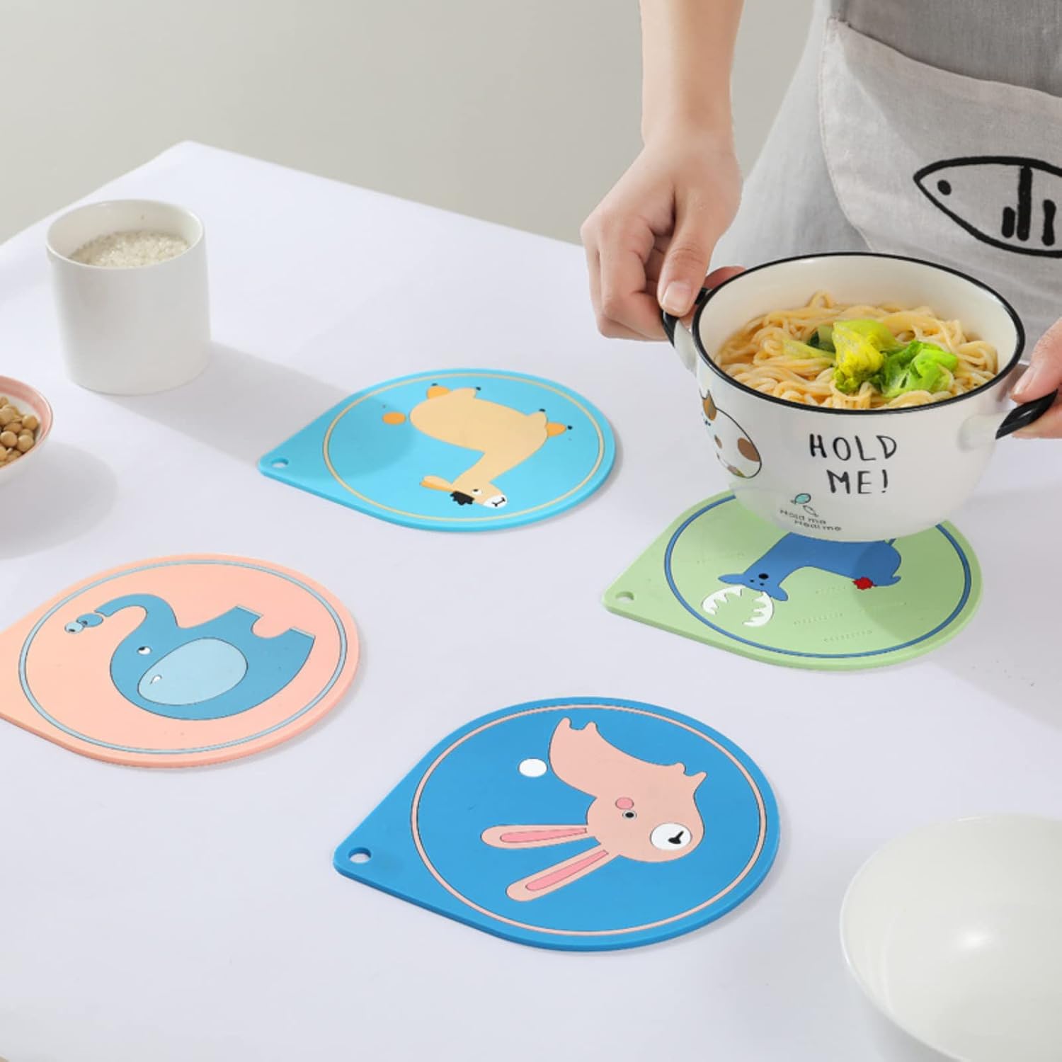 4 soportes de silicona para ollas de cocina de animales de dibujos animados, resistentes al calor, patrón de conejo de elefante, salvamanteles para