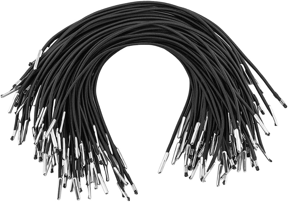 SUPERFINDINGS 100 unidades de cordón elástico negro de púas con extremos de metal, cordón elástico con púas, banda elástica con púas de metal para