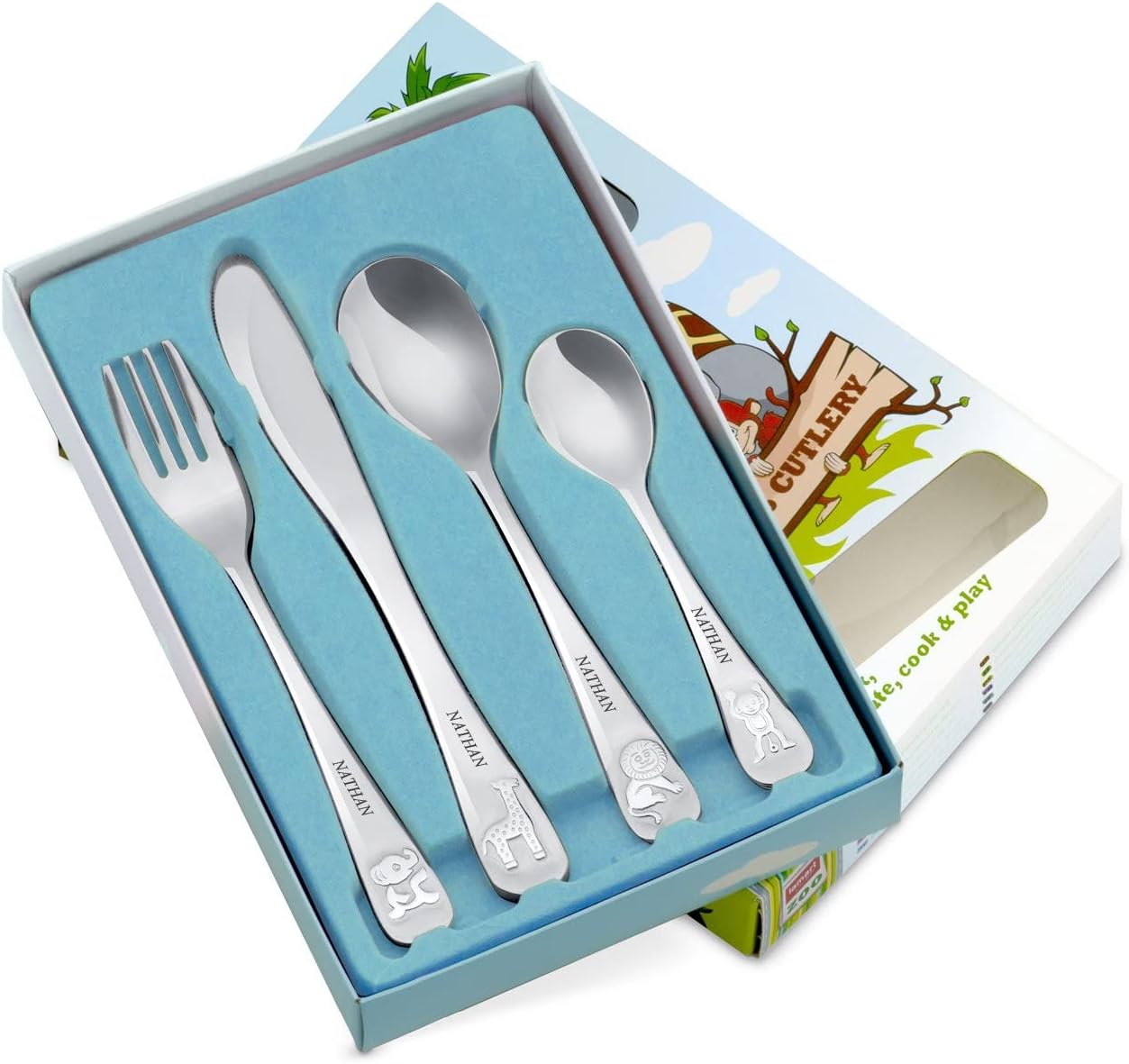 Maverton Juego de cubiertos para niños pequeños – Cubertería para niños con animales grabados – Para cumpleaños – Accesorios de cocina para bautizo