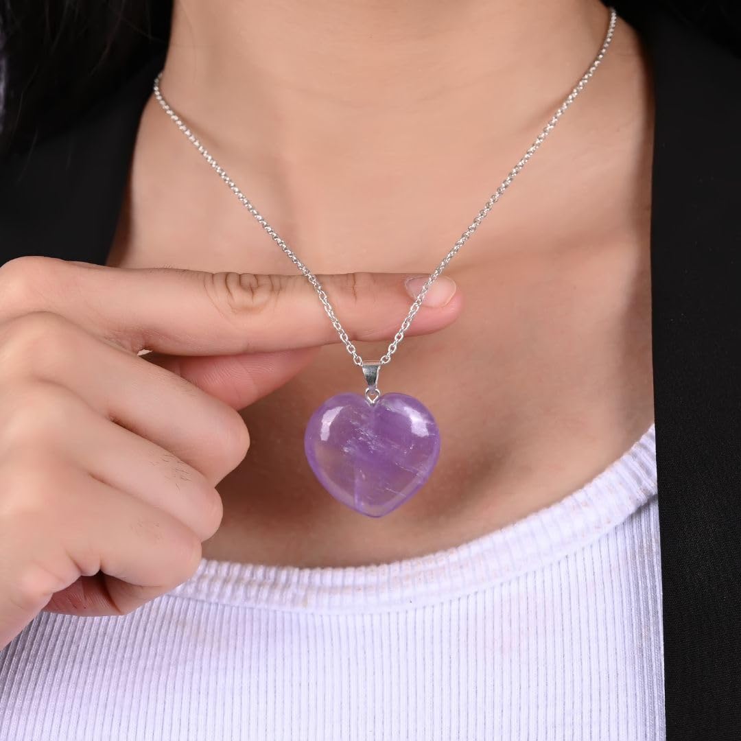 Gempires Pink Amethyst Heart Necklace, Love Crystal Pendant, February Birthstone, Trendy, Minimal, Gift for Her, 18 + 2 inch Adjustable Silver