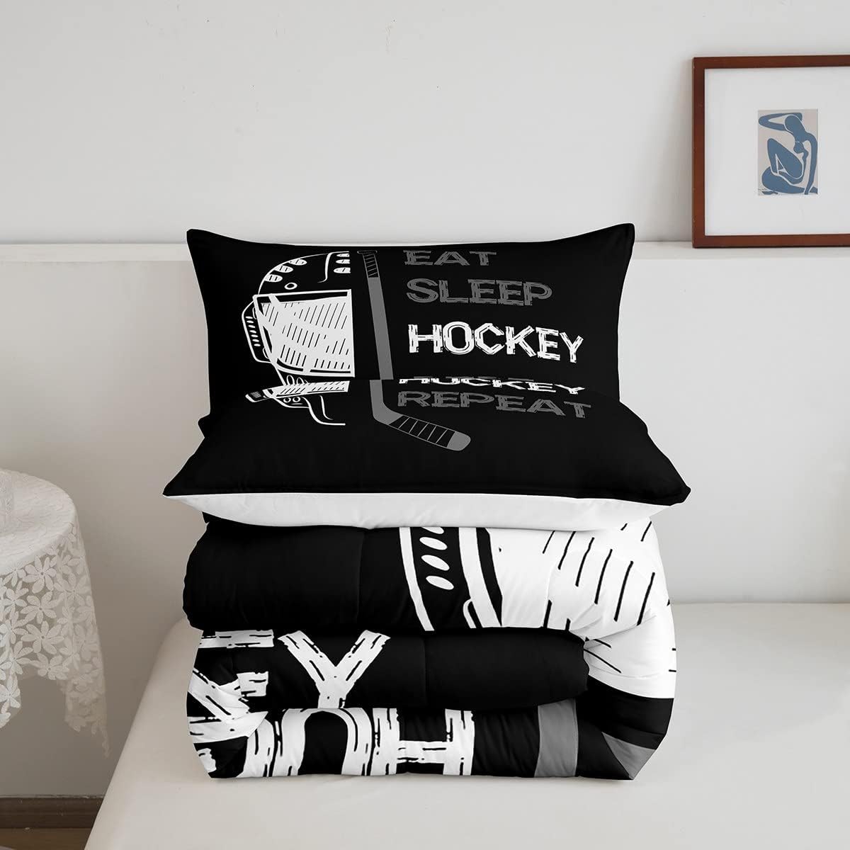 Erosebridal Edredón de hockey tamaño individual para niños y adolescentes, ropa de cama de hockey negro y gris para comer, decoración de dormitorio,