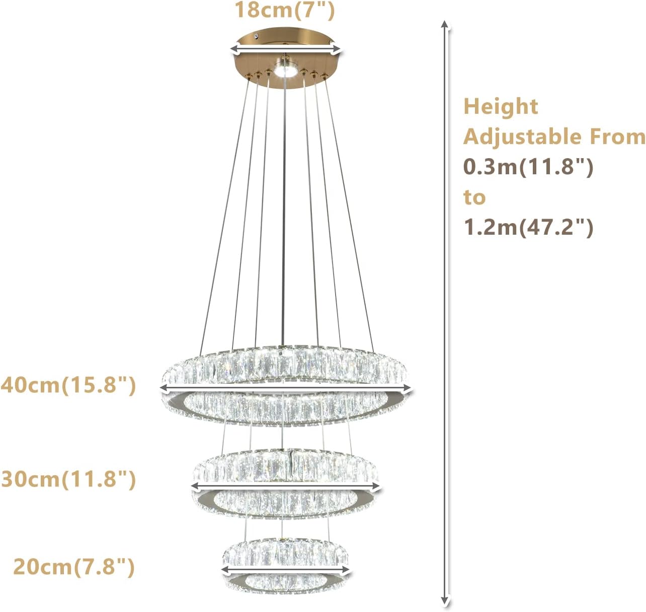 Candelabro moderno de 3 anillos de oro con lámpara colgante LED de cristal para comedor, dormitorio, sala de estar, vestíbulo (blanco frío)