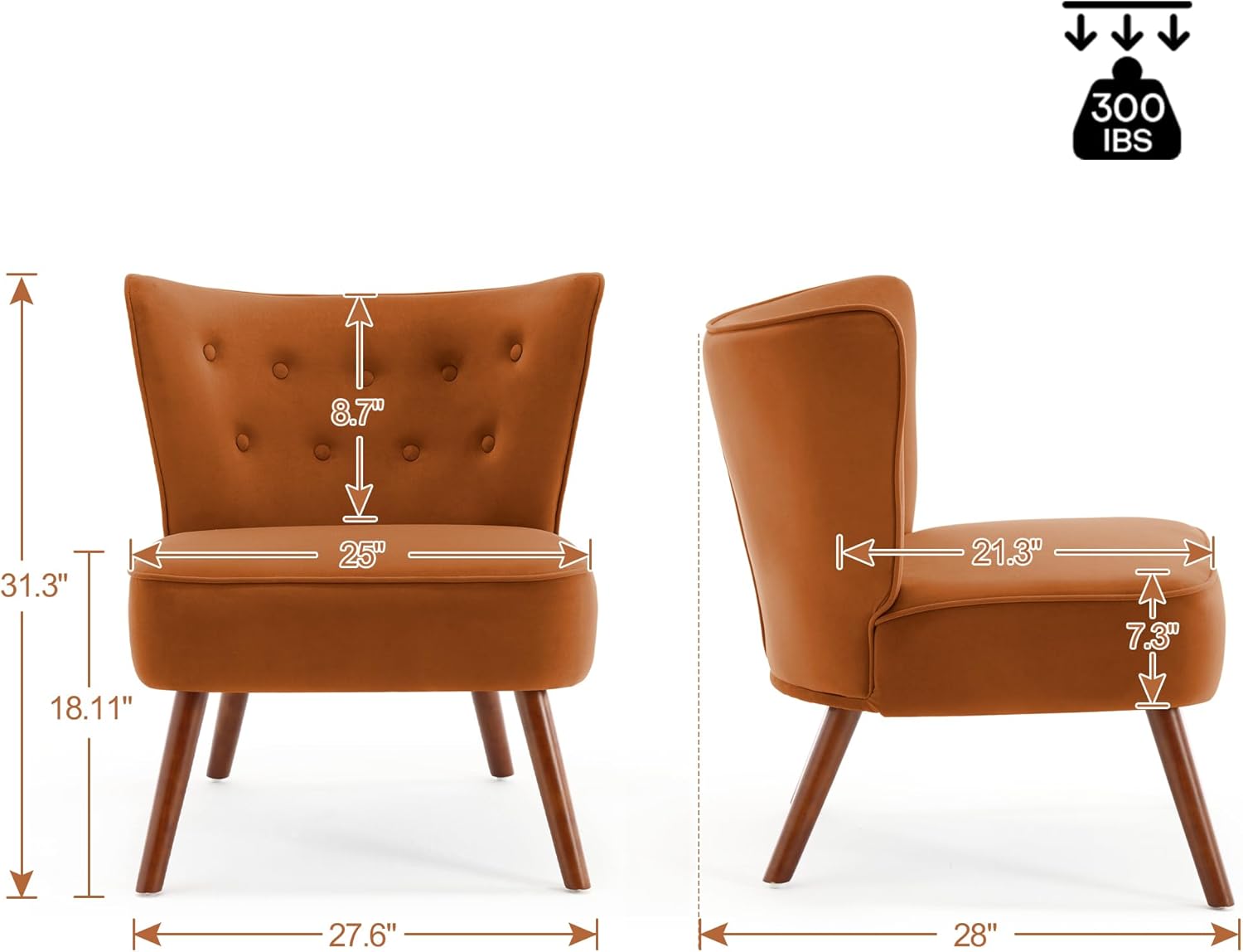 RUOVU Silla decorativa de terciopelo moderna de mediados de siglo, silla de sala de estar sin brazos con patas de madera, silla de club con respaldo
