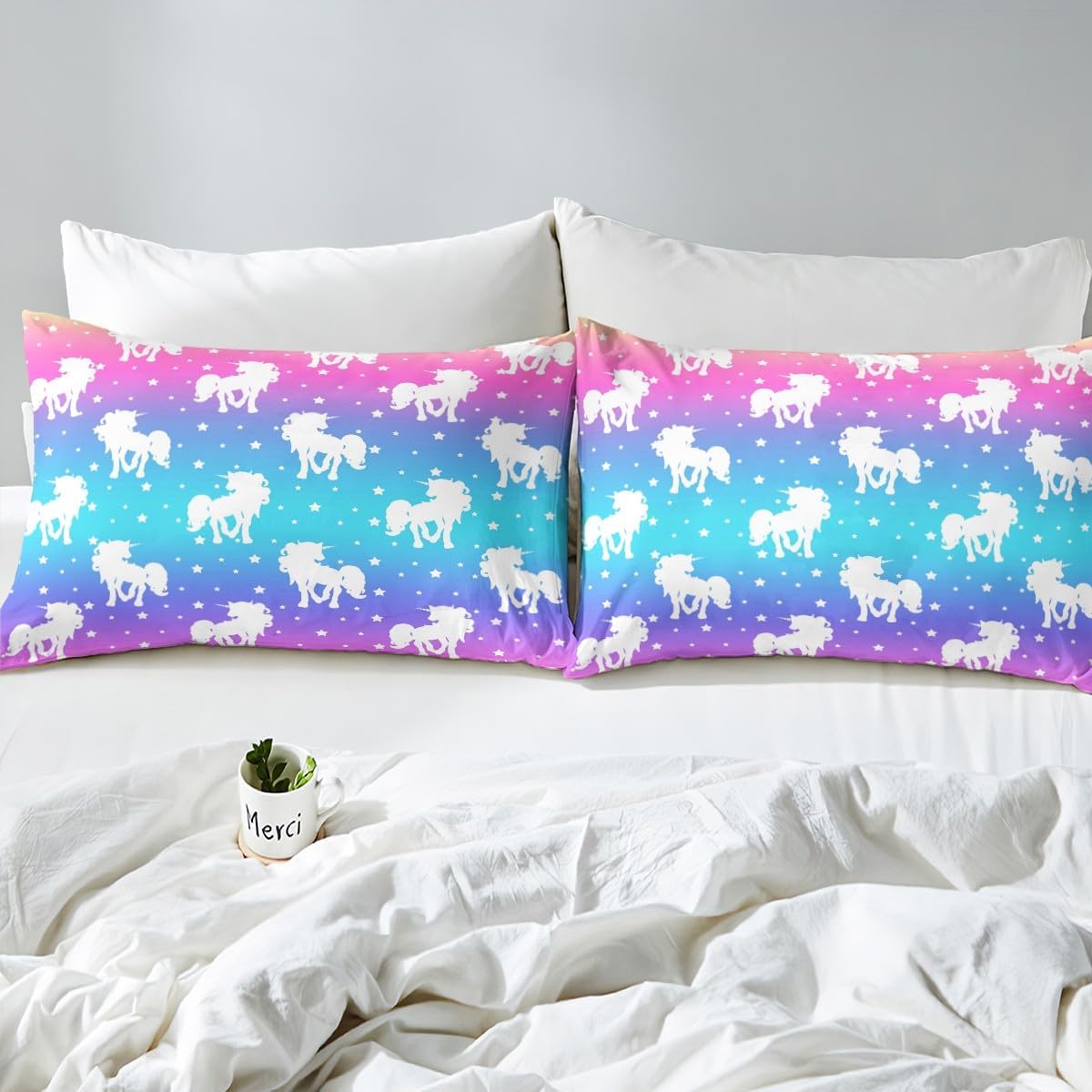 Erosebridal Juego de ropa de cama de unicornio y estrellas, tamaño Queen, teñido anudado, pastel, sábana bajera ajustable con estampado de arco