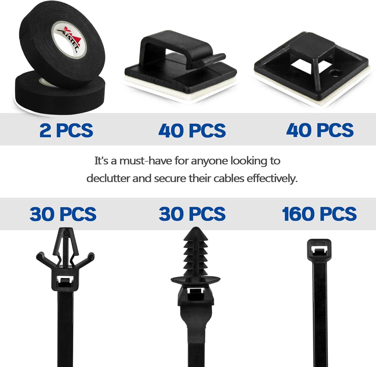 Xislet Brida universal para cables de montaje a presión con organizador de cables adhesivo, soporte de cable y cinta de arnés de cables, clips de