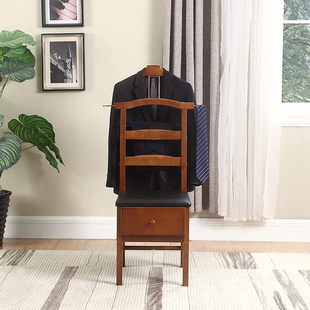Soporte de madera para silla de valet con cajón, estante de ropa independiente con barra de pantalones y barra de corbata, soporte de valet para