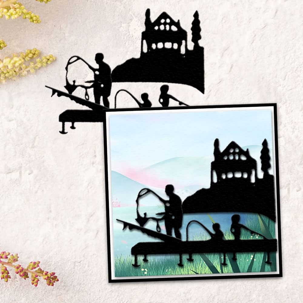 2 PCS Fishing Man Die Cuts for Card Making, Lake Bridge House Cutting Dies Sets Fishing Fish Dies Stencils Embossing Template for Scrapbooking DIY