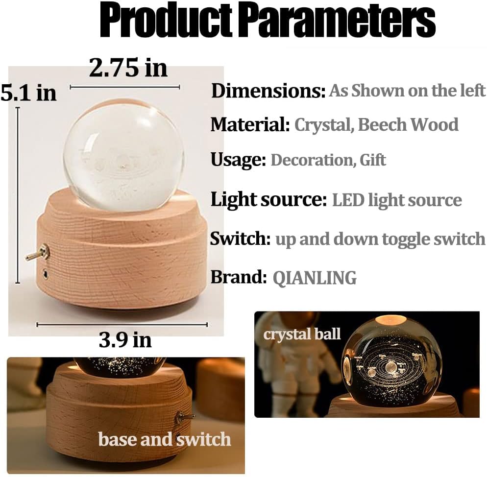 QIANLING Caja de música de bola de cristal recargable 3D con luz de proyección LED y base de madera giratoria, caja de música creativa de bola de
