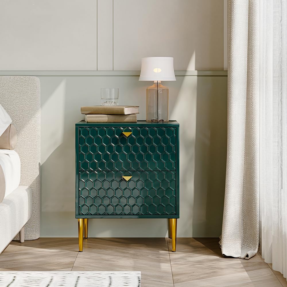 Mesita de noche con 2 cajones, elegante armario de noche de alto brillo con pomos de latón para sala de estar, dormitorio, verde
