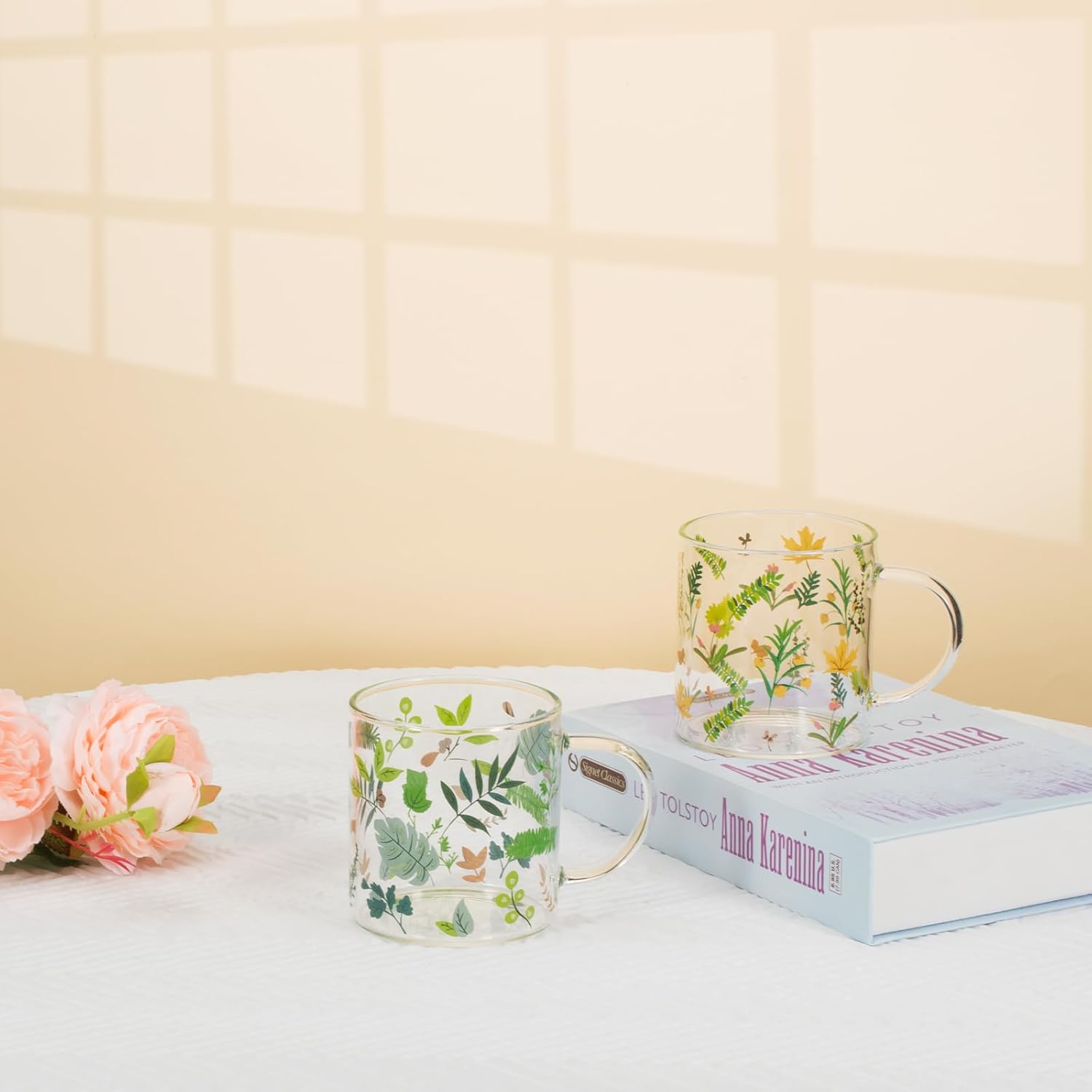 Koythin Taza de café con diseño de hojas de flores, bonita taza de café expreso, vasos para el desayuno, tazas estéticas de 12 onzas, perfectas para