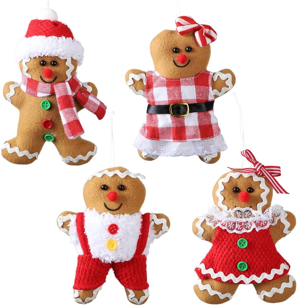 4 adornos de hombre de jengibre de 5.7 pulgadas de alto para árbol de Navidad, figuras surtidas de pan de jengibre rellenas, adornos para colgar en