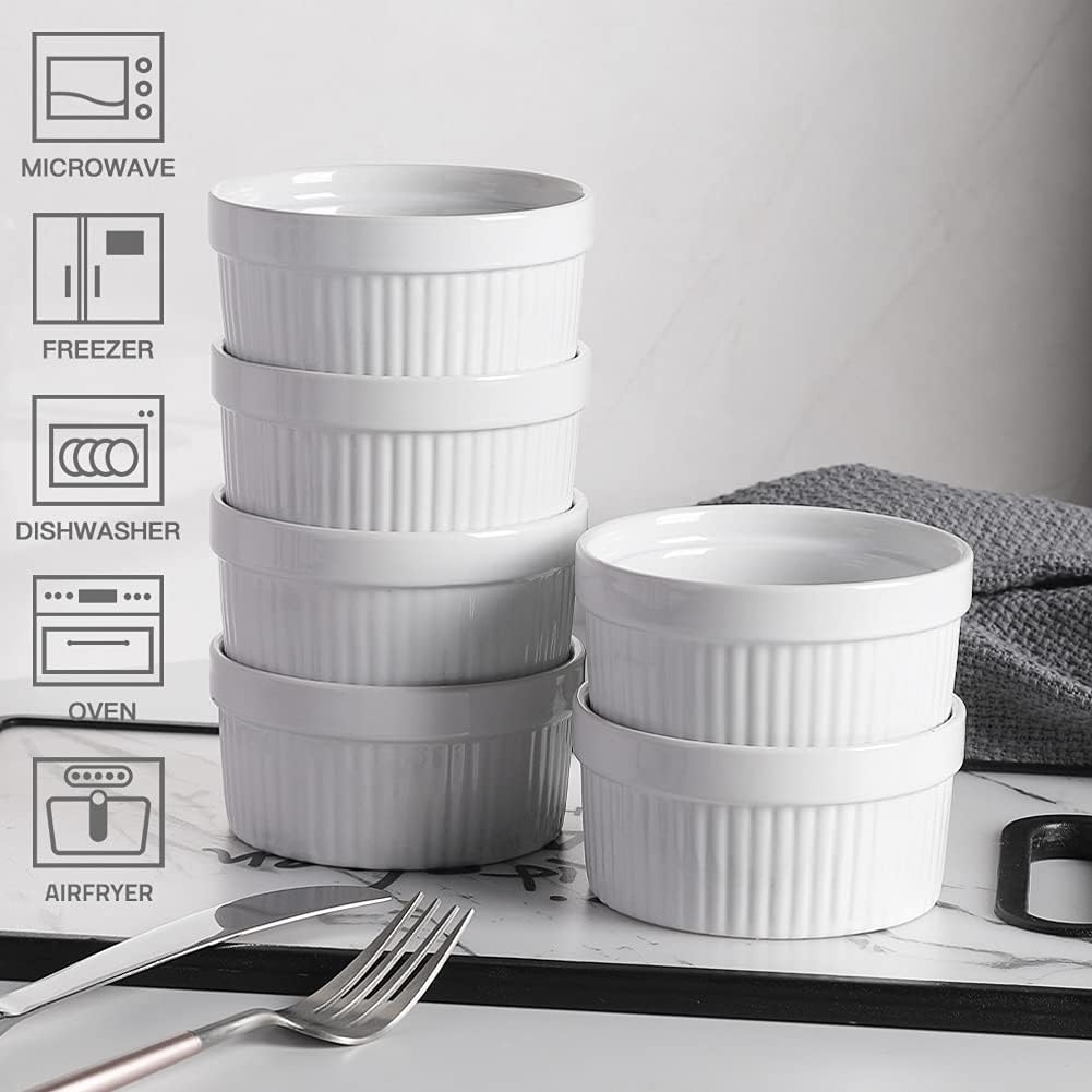 Sweejar Ceramics – Platos de soufflé, ramequines, 8 onzas para hornear, pudín, crema brulee, soufflé, juego de 6 unidades (blanco)
