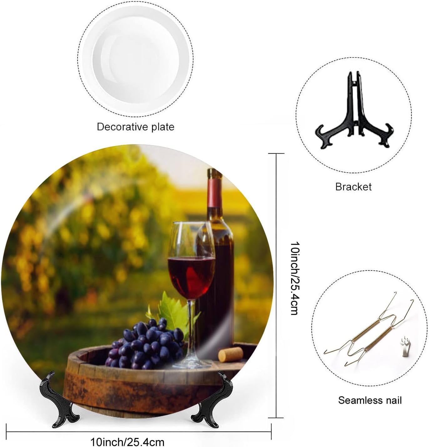 Placa de cerámica para colgar en la pared, copa de vino tinto, uva, barril de madera, pintura de viñedo, placa decorativa, plato de porcelana para