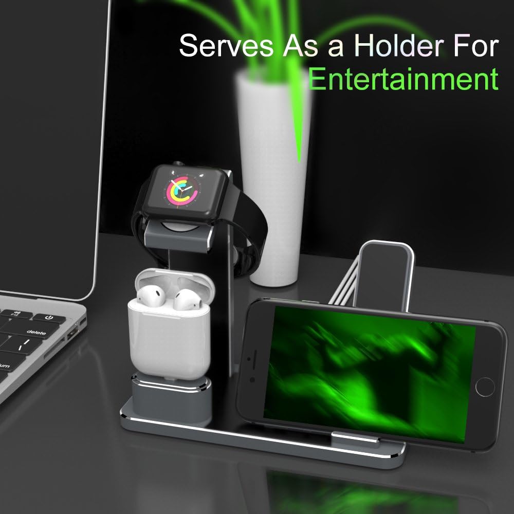 Estación de carga para Apple Watch Phone Airpods – XUNMEJ 3 en 1 de aluminio para iPhone Series 987, AirPods iPhone Series (gris)